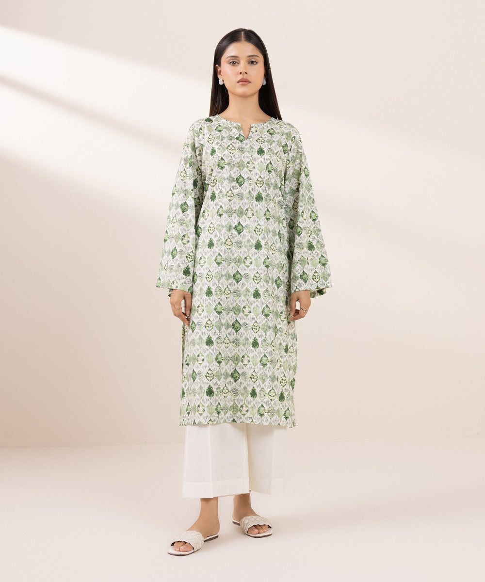 Women's Pret Cotton Viscose Printed Green Straight Shirt