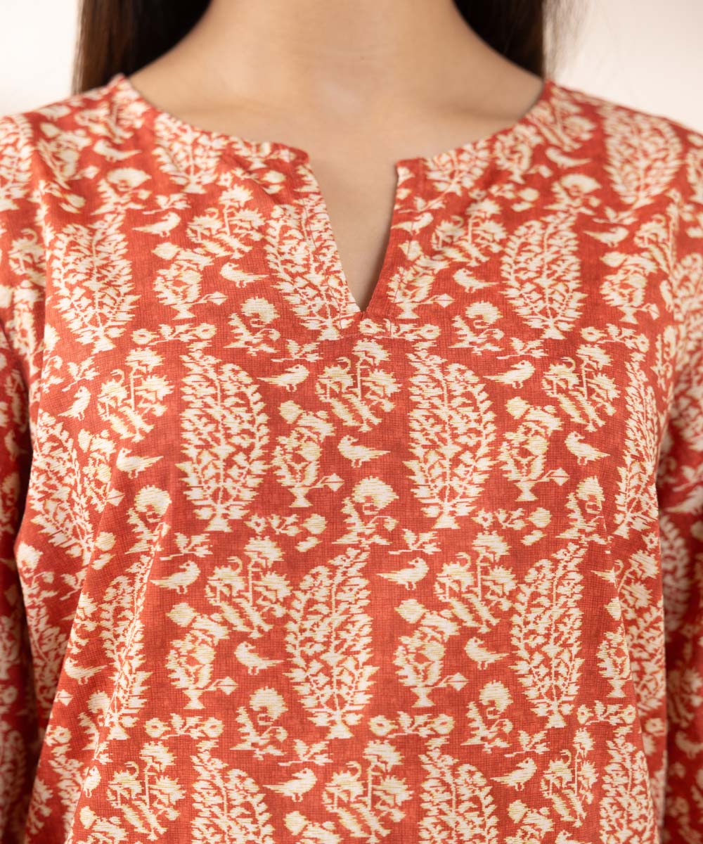 Women's Pret Cotton Viscose Printed Orange Straight Shirt