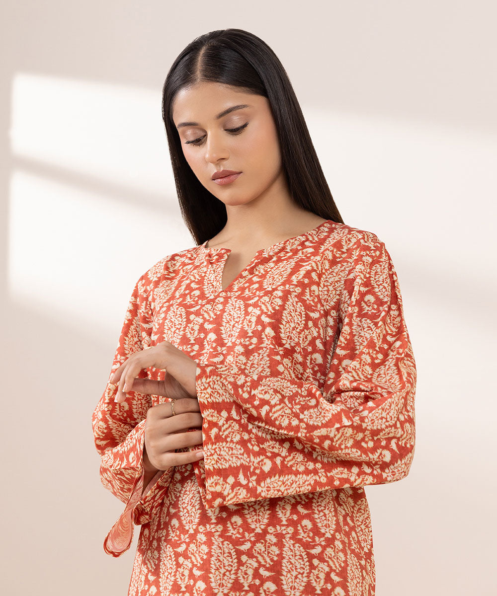 Women's Pret Cotton Viscose Printed Orange Straight Shirt