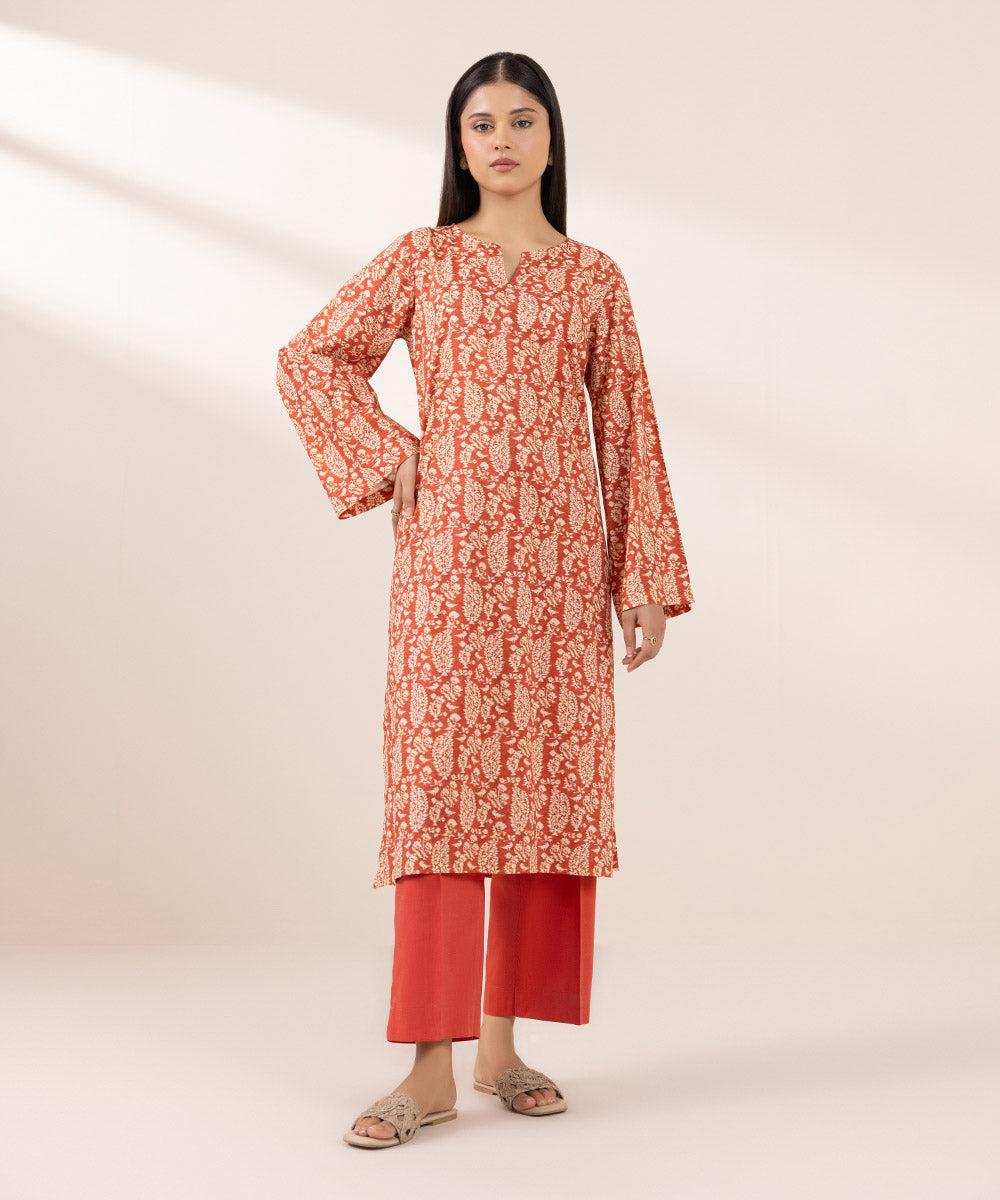 Women's Pret Cotton Viscose Printed Orange Straight Shirt