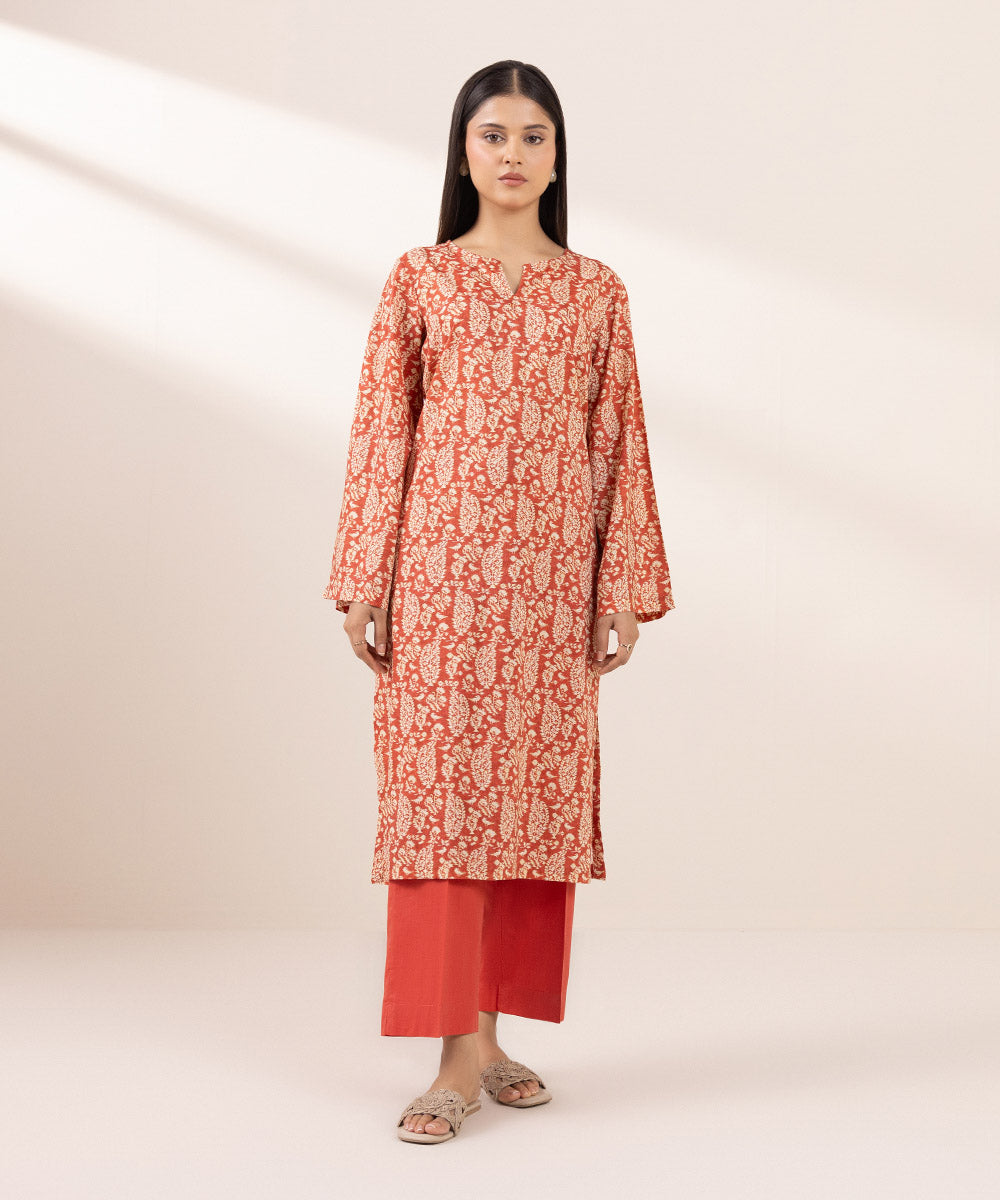 Women's Pret Cotton Viscose Printed Orange Straight Shirt