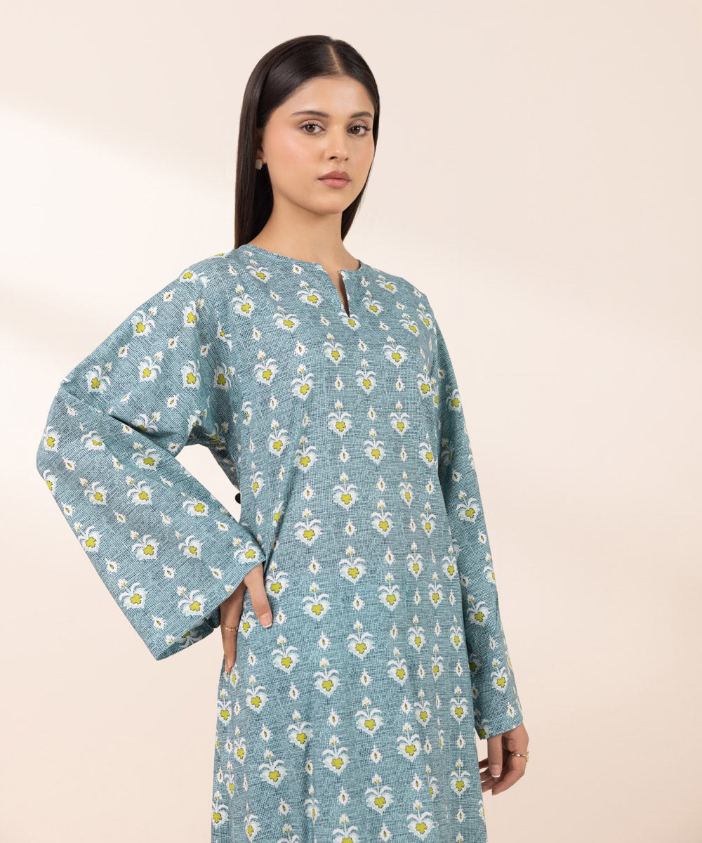 Women's Pret Cotton Viscose Printed Blue Boxy Shirt