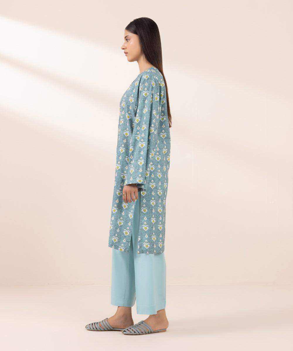 Women's Pret Cotton Viscose Printed Blue Boxy Shirt