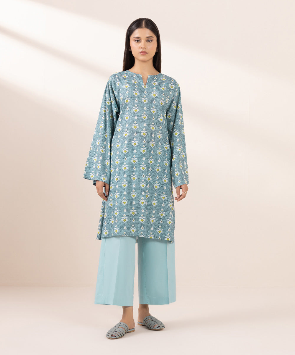 Women's Pret Cotton Viscose Printed Blue Boxy Shirt