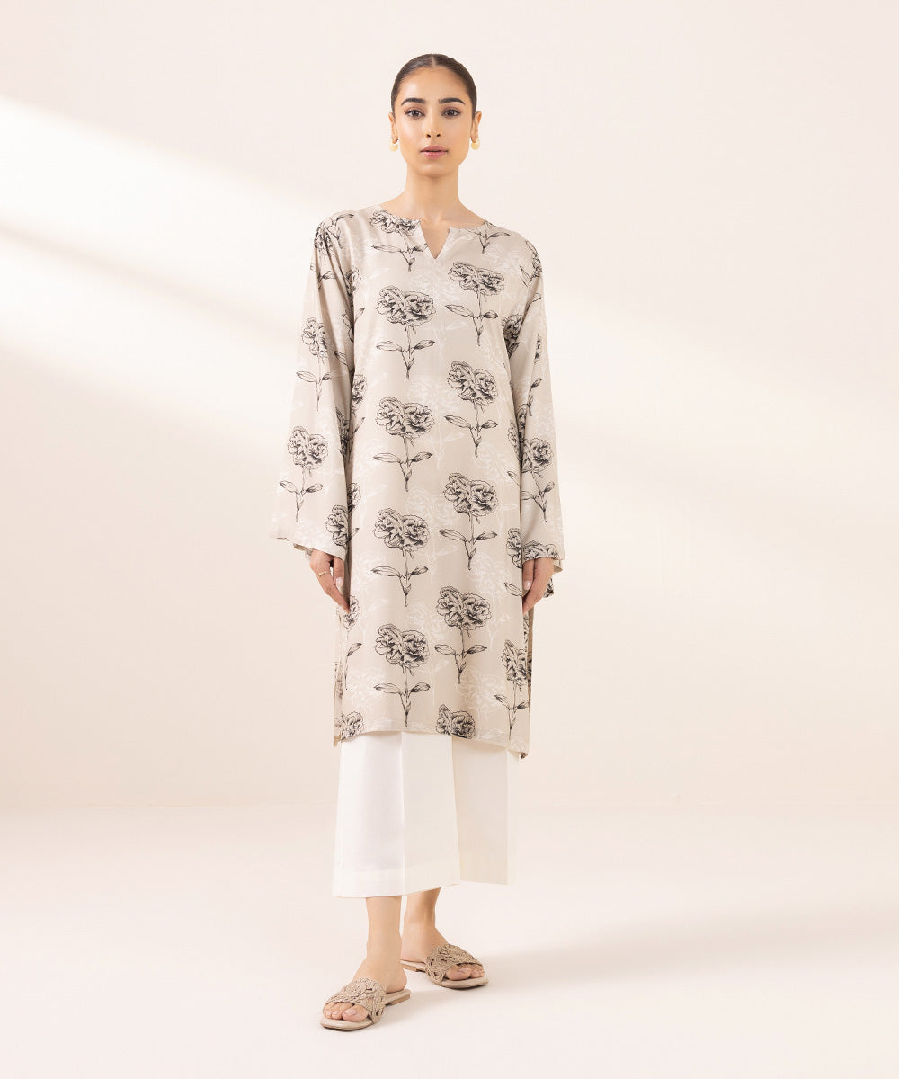 Women's Pret Arabic Lawn Printed Beige Boxy Shirt