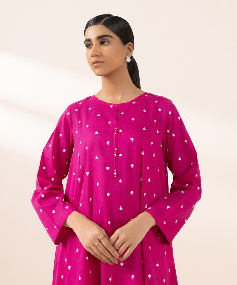 Women's Pret Cross Hatch Solid Embroidered Pink A-Line Shirt