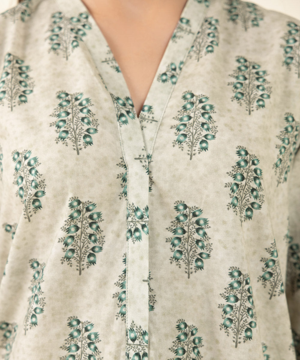 Women's Pret Cambric Printed Green Straight Shirt