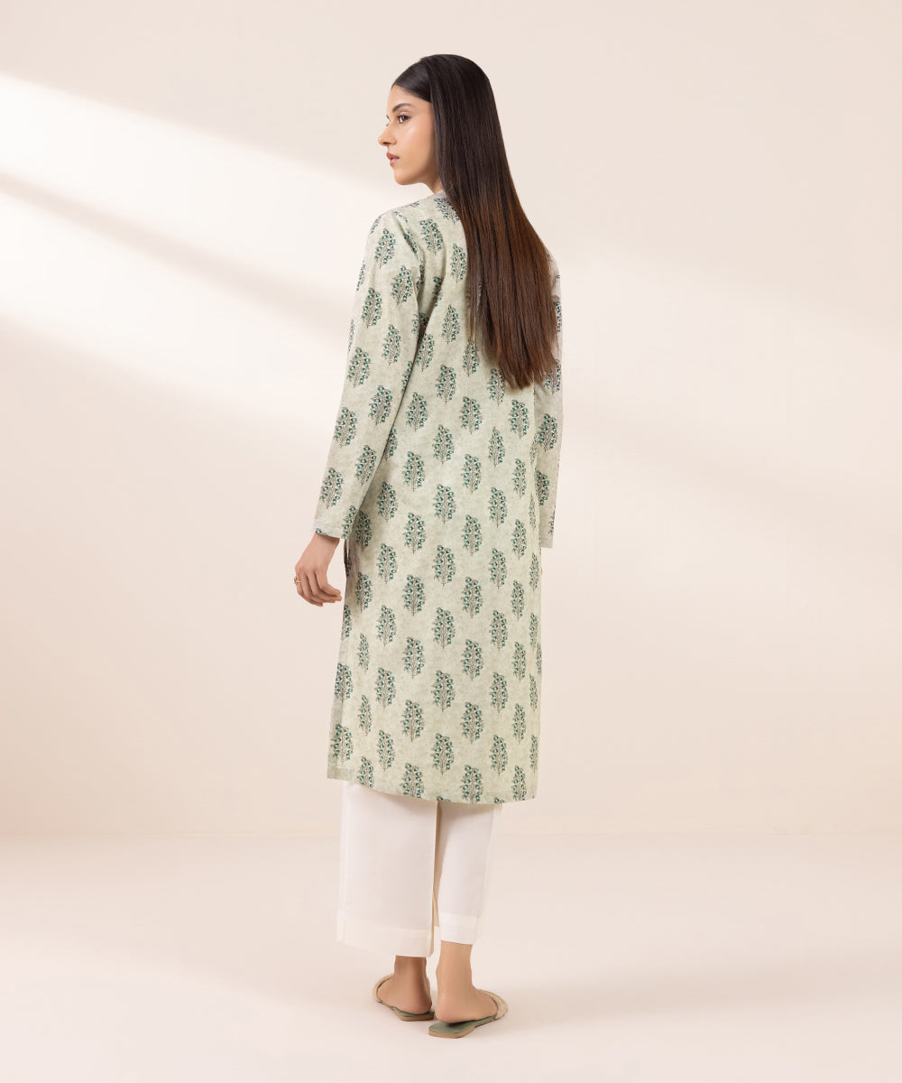 Women's Pret Cambric Printed Green Straight Shirt