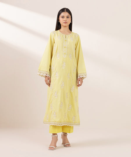 Women's Pret Cross Hatch Embroidered Yellow A-Line Shirt