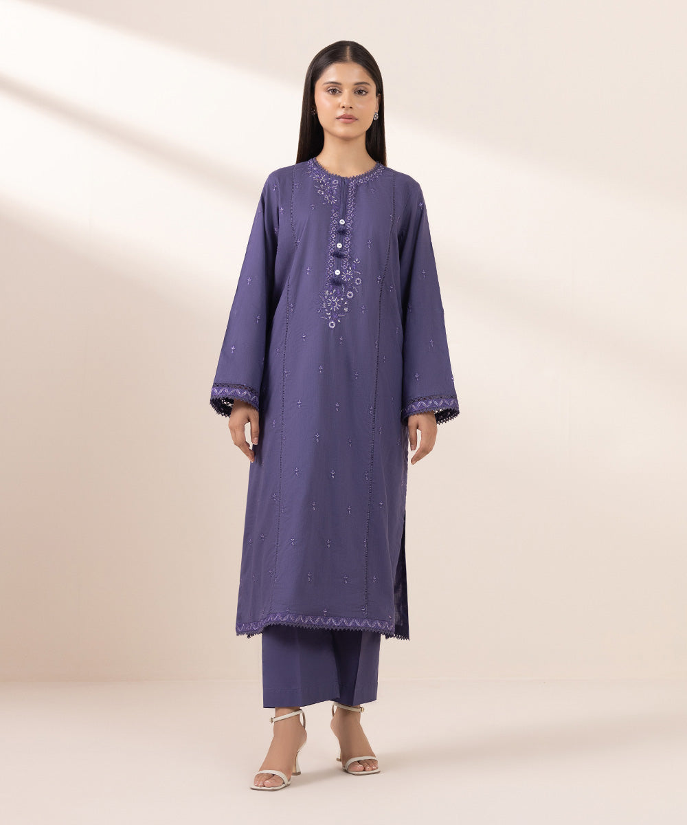 Women's Pret Cross Hatch Embroidered Purple A-Line Shirt