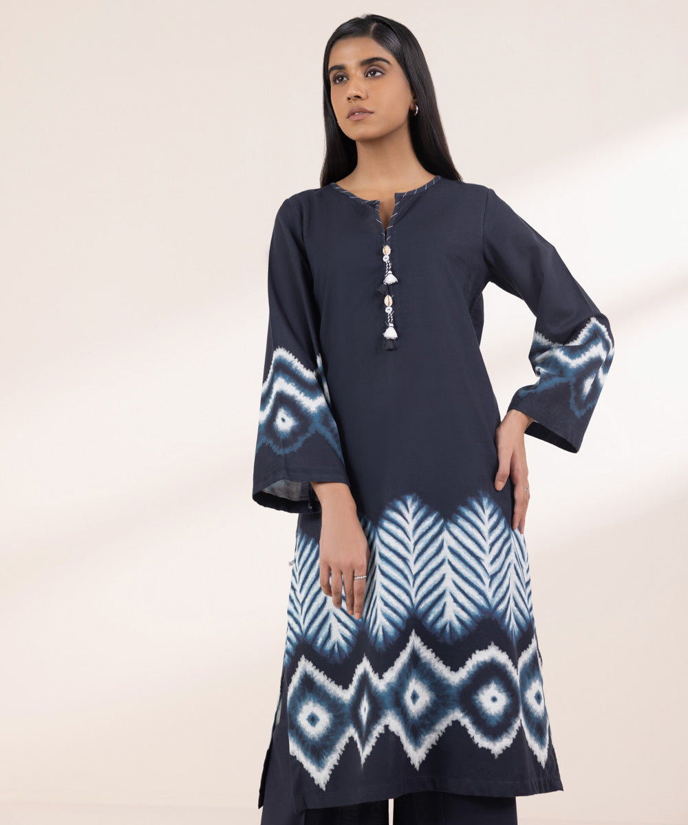 Women's Pret Khaddar Printed Navy Blue A-Line Shirt