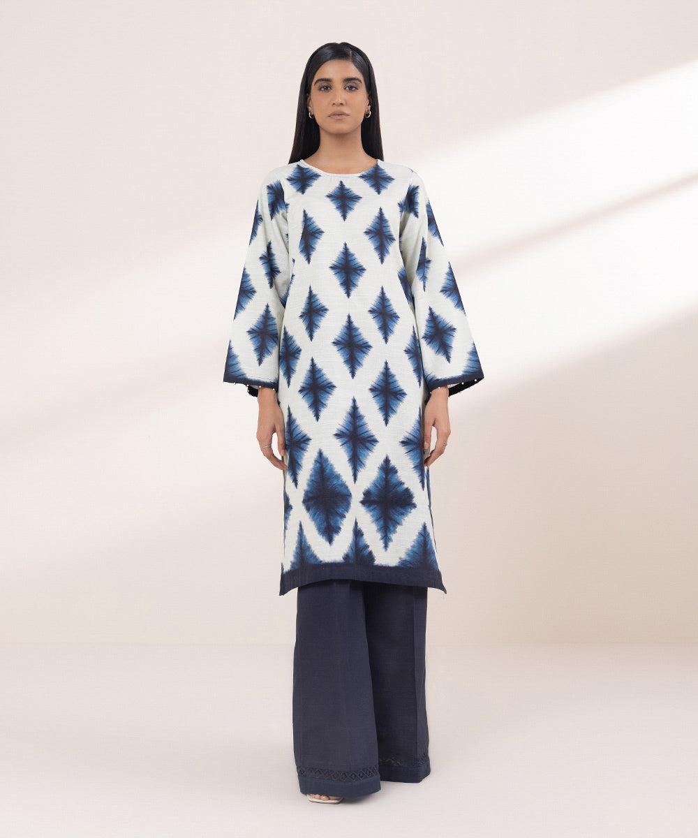 Women's Pret Khaddar Printed Blue on Off White A-Line Shirt