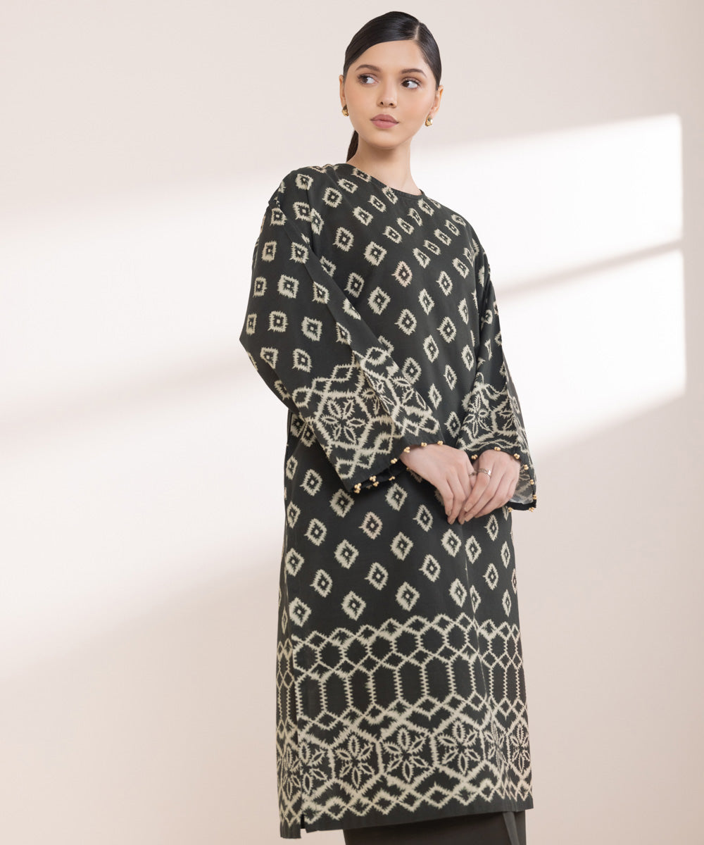 Women's Pret Khaddar Printed Dark Brown Boxy Shirt