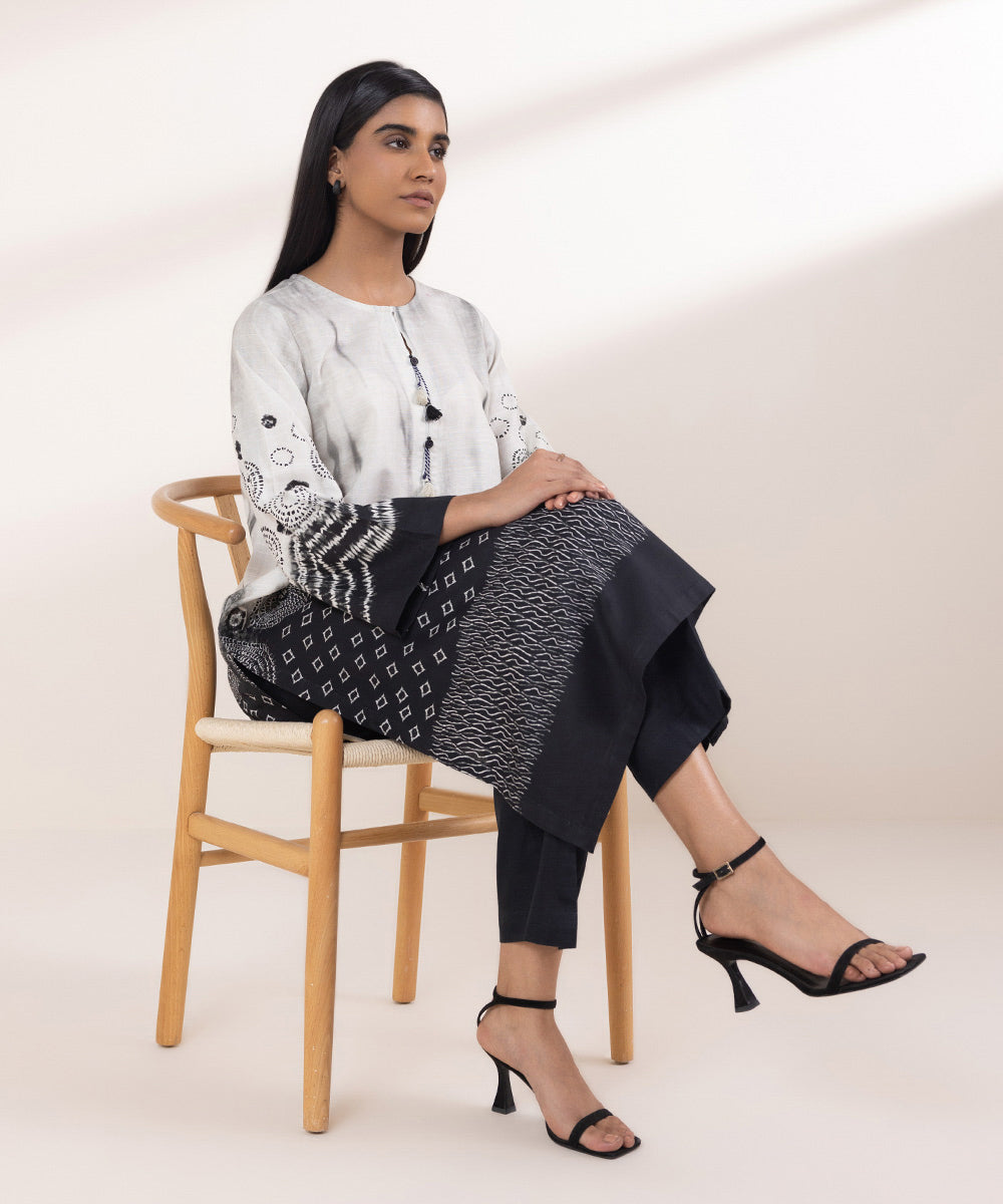 Women's Pret Khaddar Printed Black And White A-Line Shirt