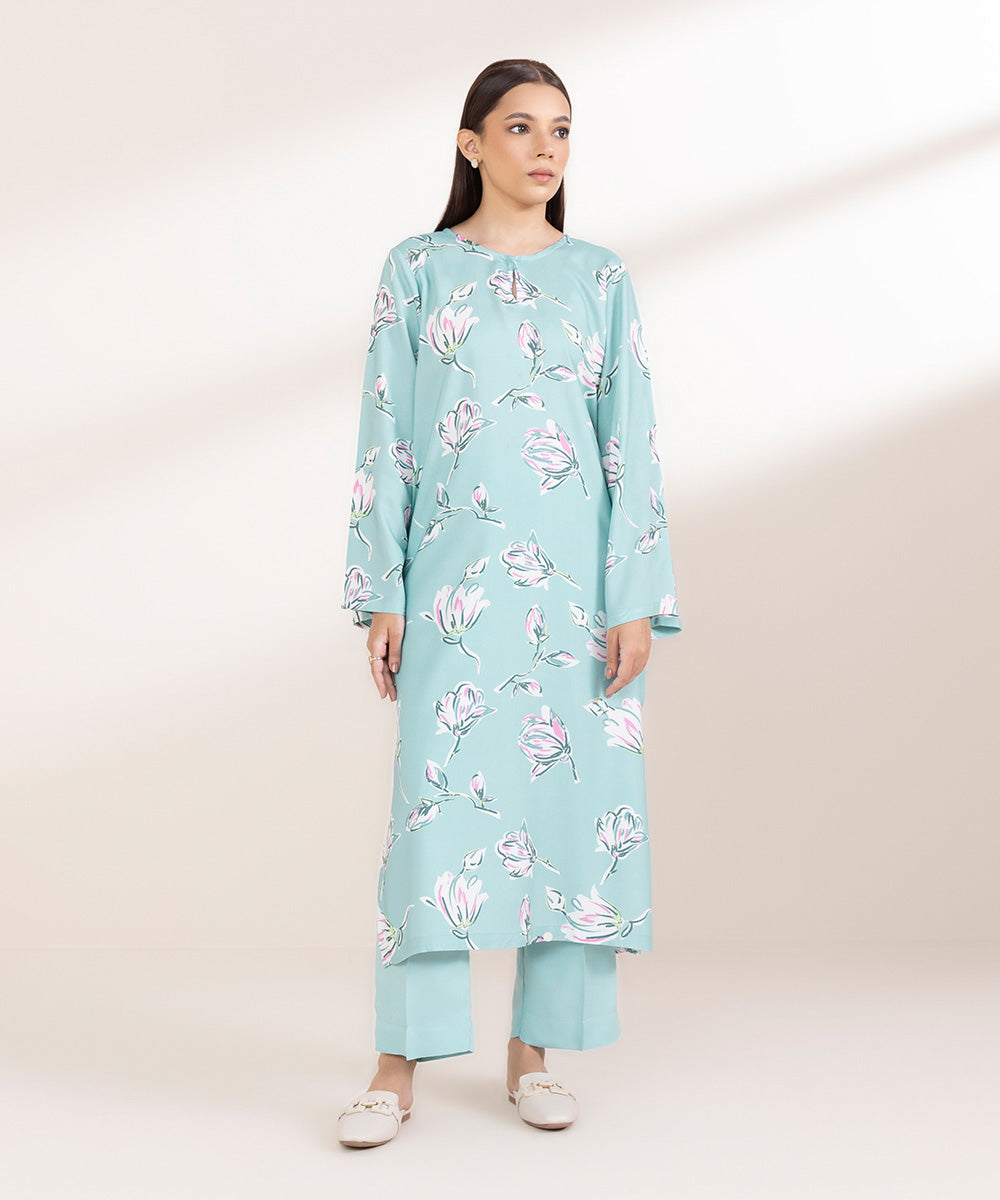 Women's Pret Linen Printed Sky Blue Straight Shirt