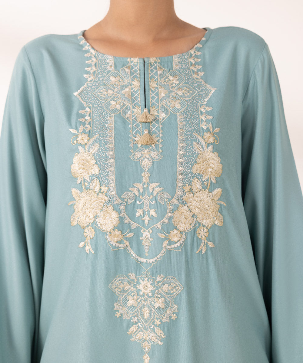 Women's Pret Bedford Embroidered Light Turquoise Straight Shirt