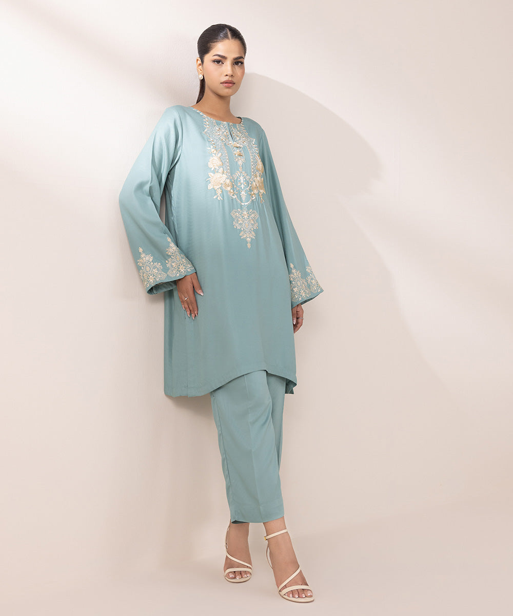 Women's Pret Bedford Embroidered Light Turquoise Straight Shirt