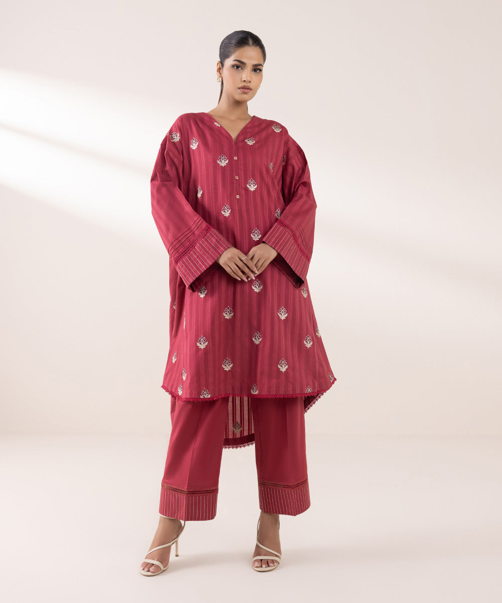 Women's Pret Dobby Embroidered Pinkish Red Boxy Shirt