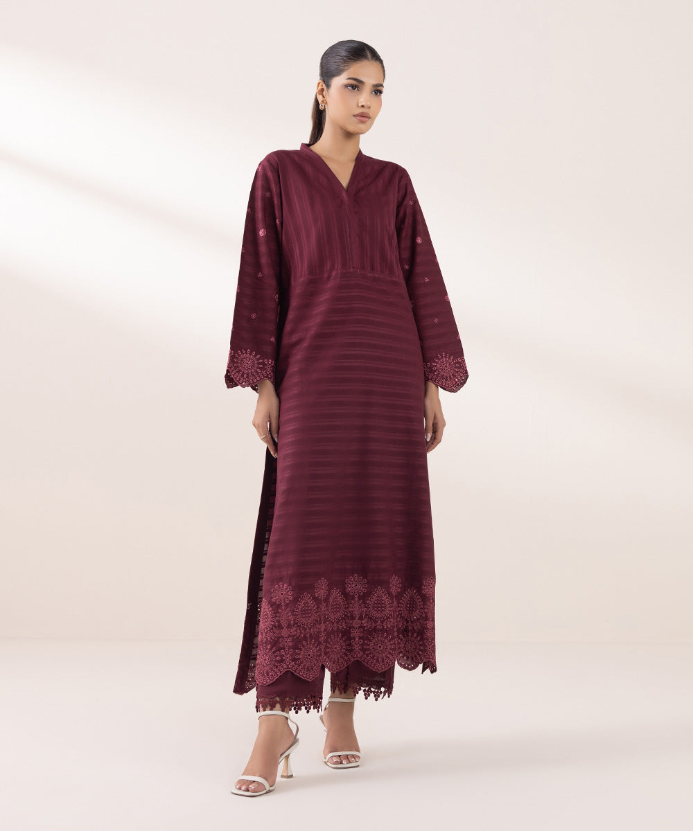 Women's Pret Dobby Embroidered Burgundy A-Line Shirt