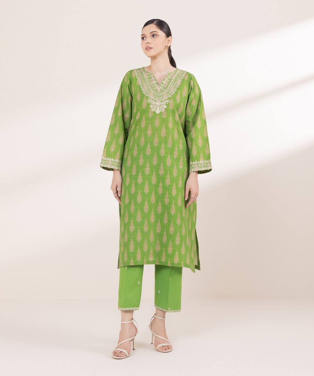 Women's Pret Khaddar Embroidered Parrot Green A-Line Shirt