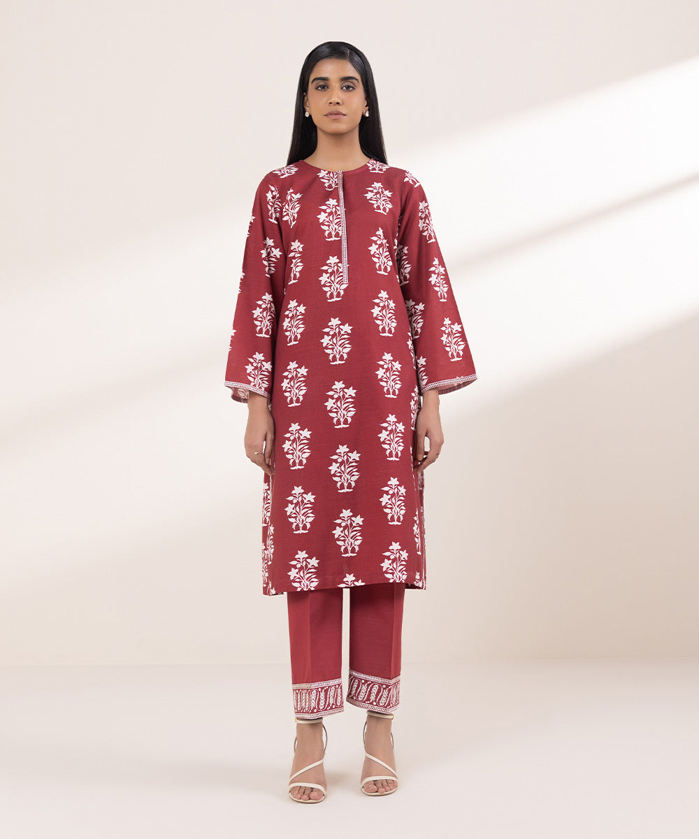 Women's Pret Khaddar Embroidered Red A-Line Shirt