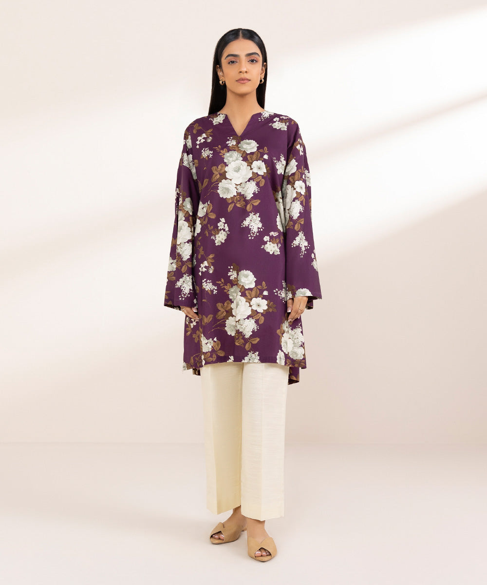 Women's Pret Cotton Viscose Purple Printed Boxy Shirt