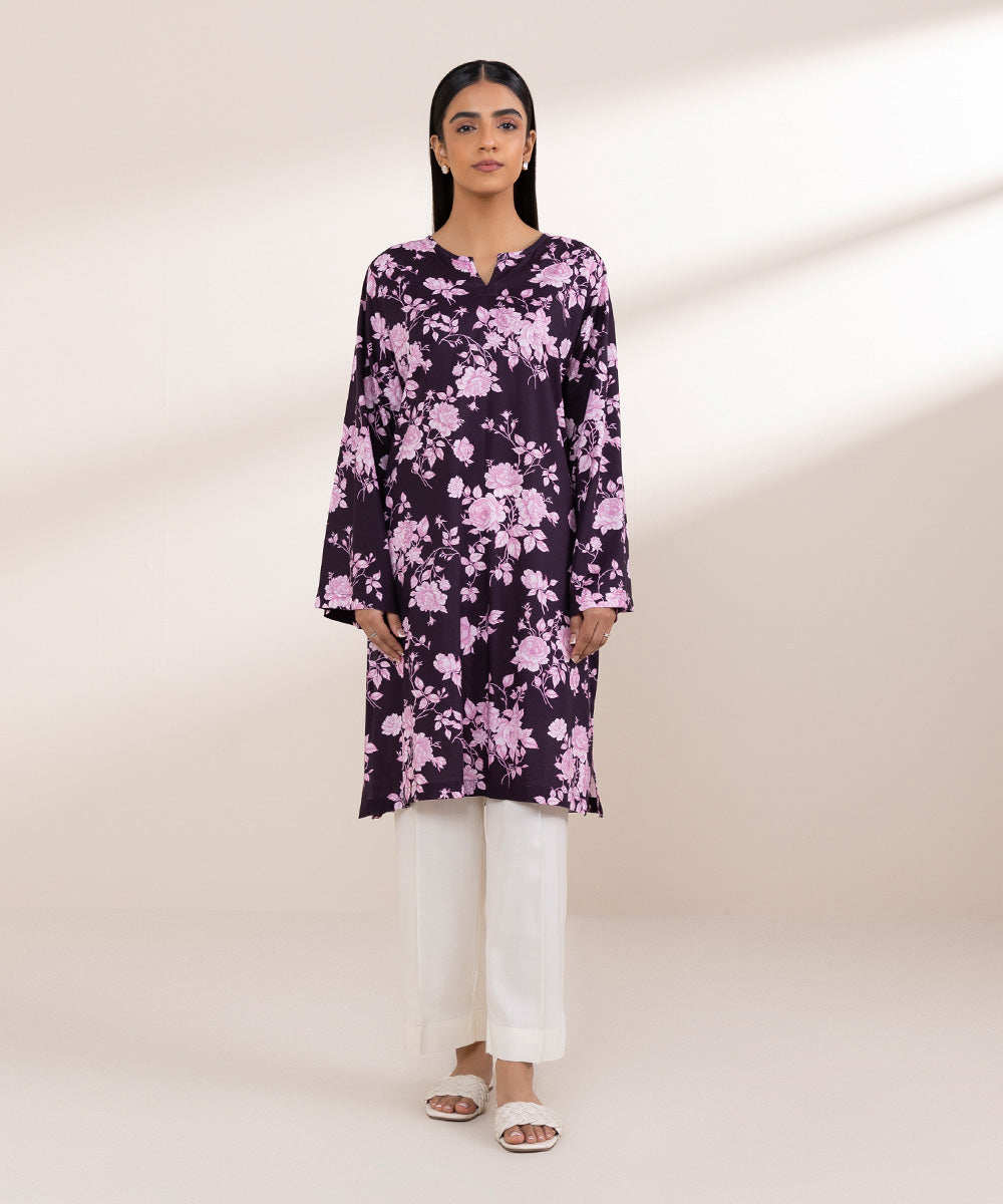 Women's Pret Cotton Viscose Purple Printed Boxy Shirt