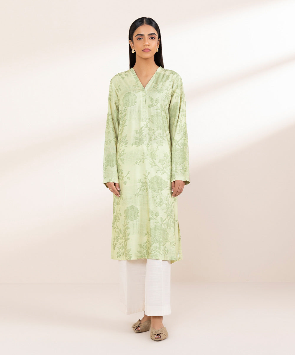 Women's Pret Linen Green Printed Straight Shirt