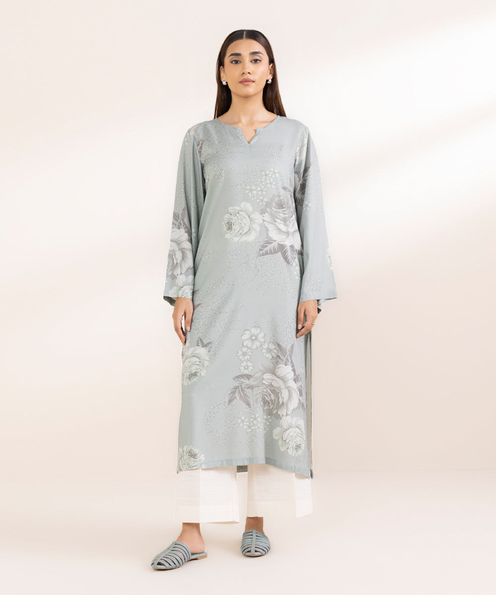 Women's Pret Linen Grey Printed Straight Shirt