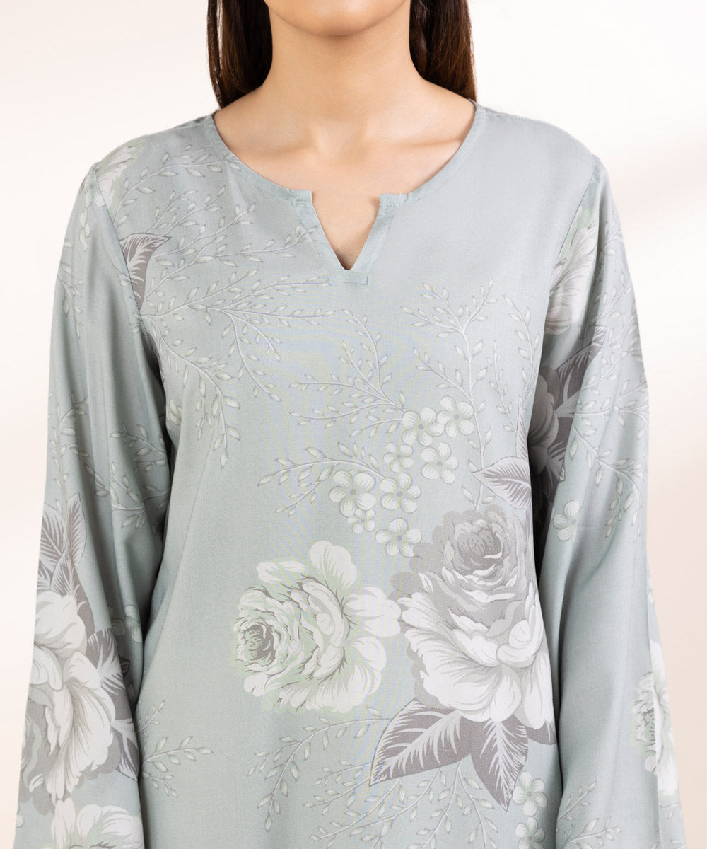 Women's Pret Linen Grey Printed Straight Shirt