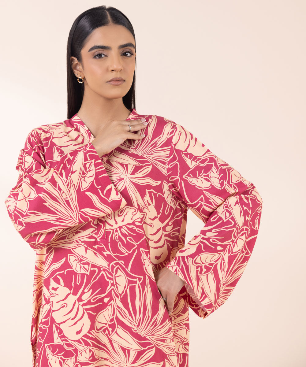 Women's Pret Linen Pink Printed Straight Shirt