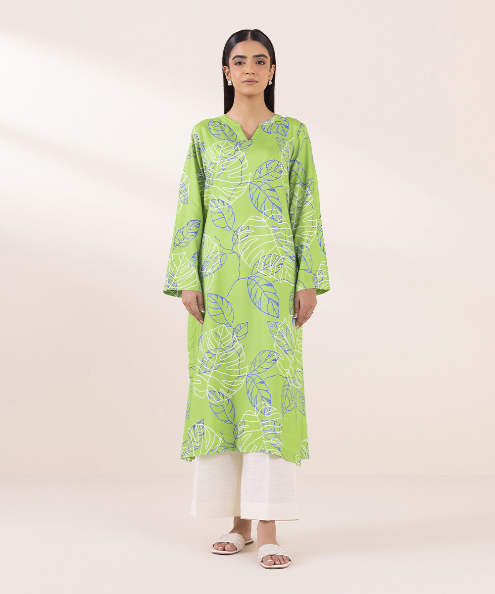 Women's Pret Linen Green Printed Straight Shirt