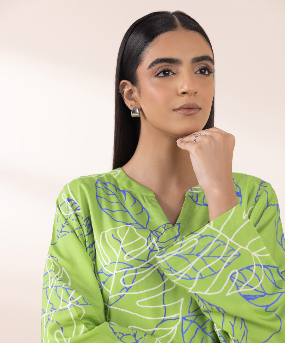 Women's Pret Linen Green Printed Straight Shirt