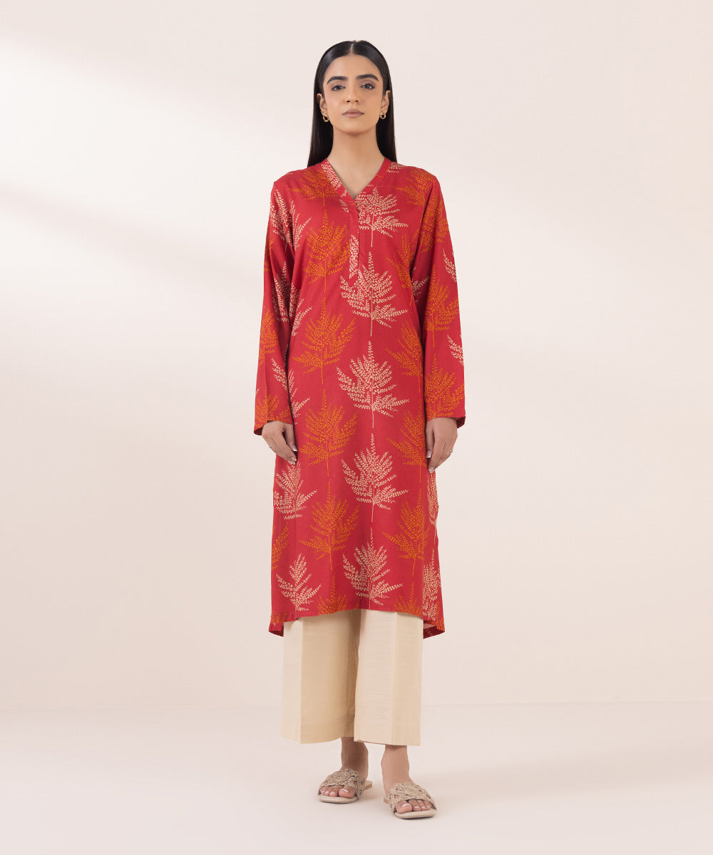 Women's Pret Linen Red Printed Straight Shirt