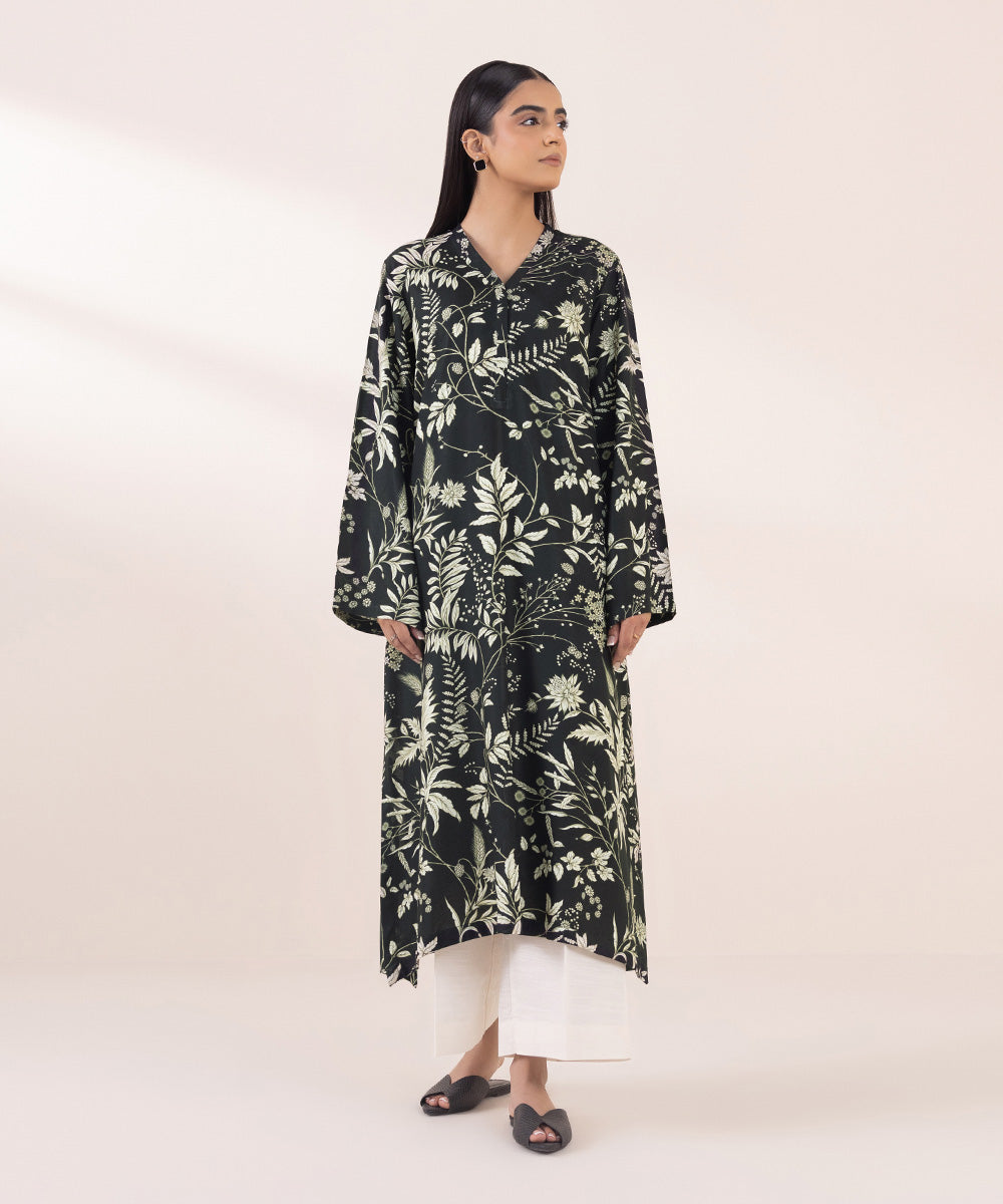 Women's Pret Linen Black Printed A-Line Shirt