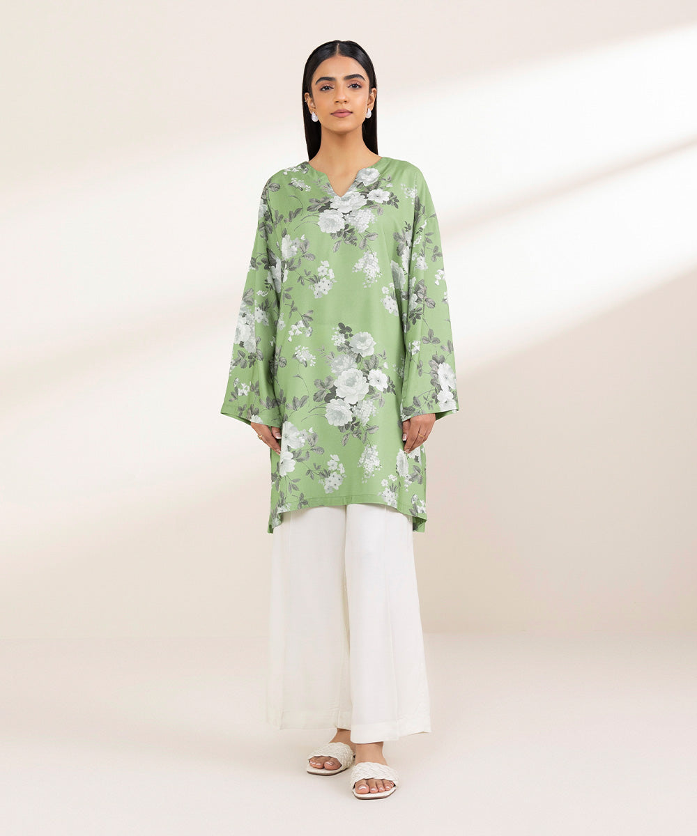 Women's Pret Linen Green Printed Boxy Shirt