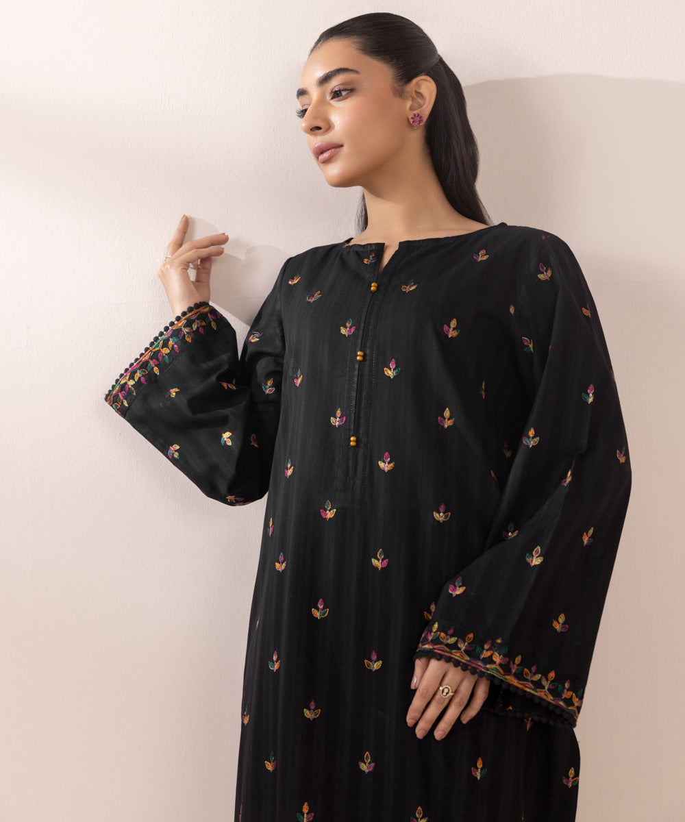 Women's Pret Dobby Black Embroidered A-Line Shirt