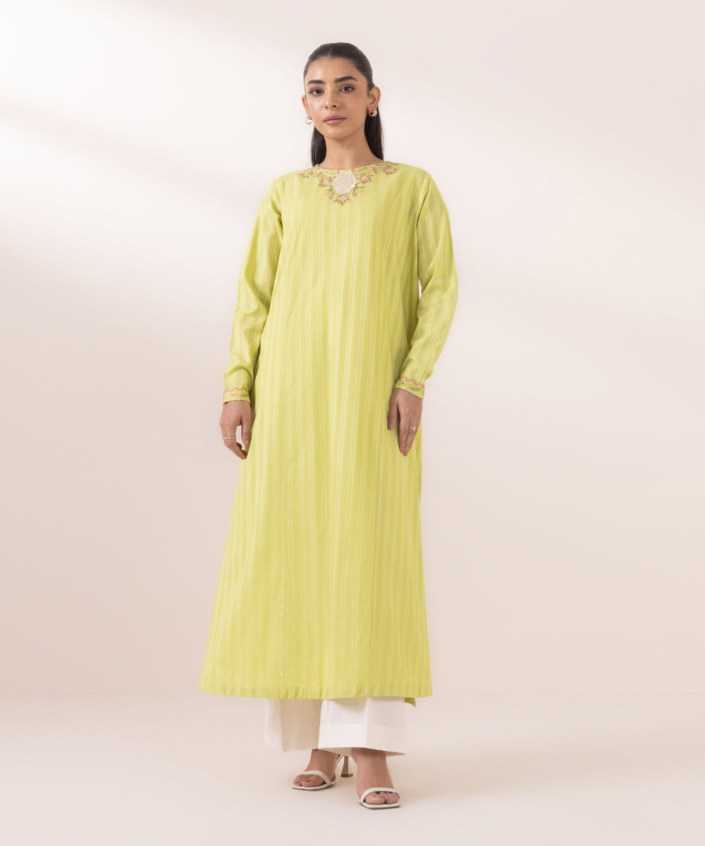 Women's Pret Dobby Yellow Embroidered A-Line Shirt