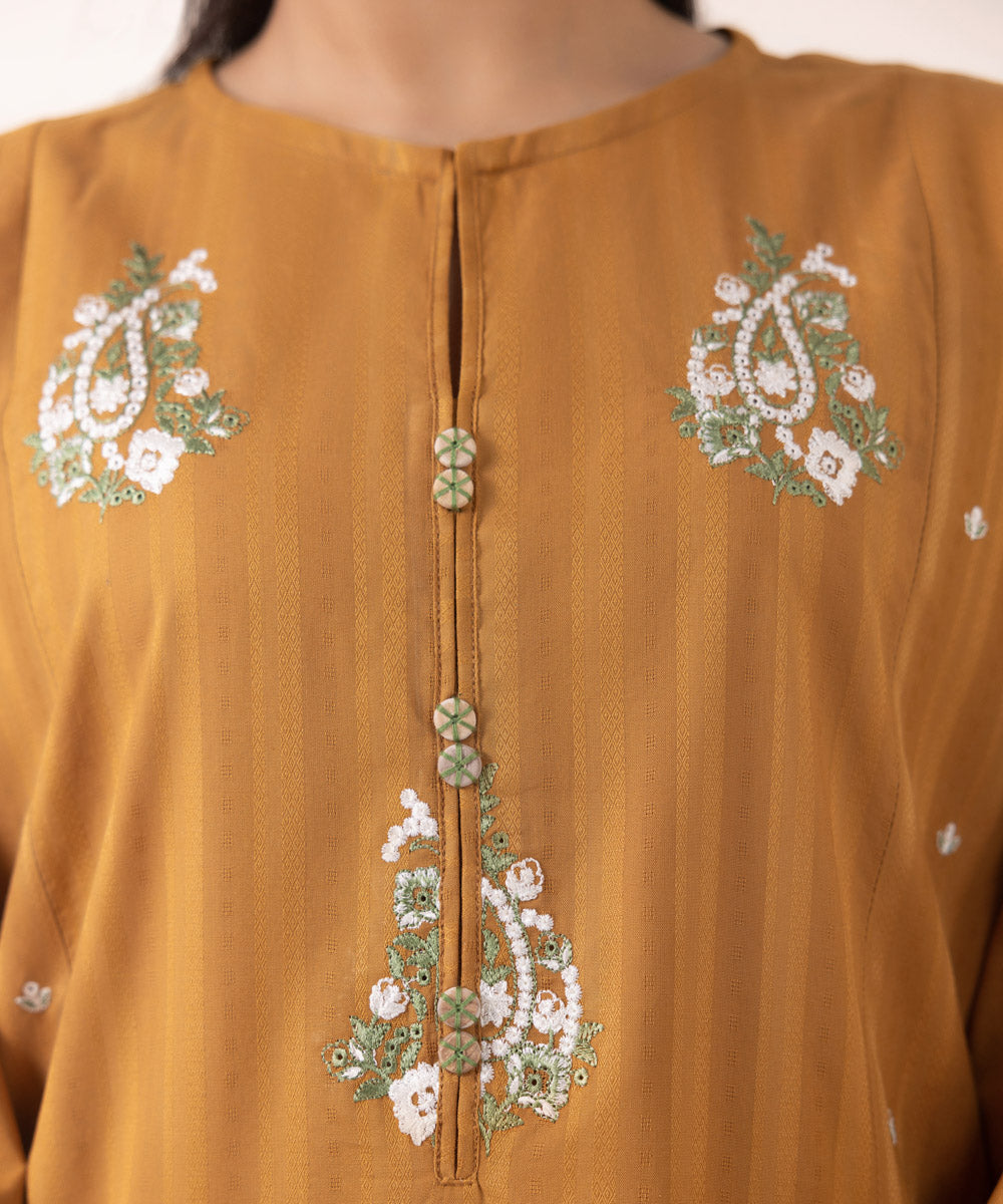 Women's Pret Dobby Orange Embroidered A-Line Shirt