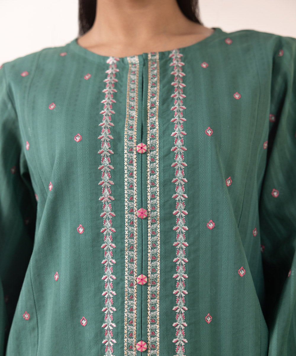 Women's Pret Dobby Green Embroidered A-Line Shirt