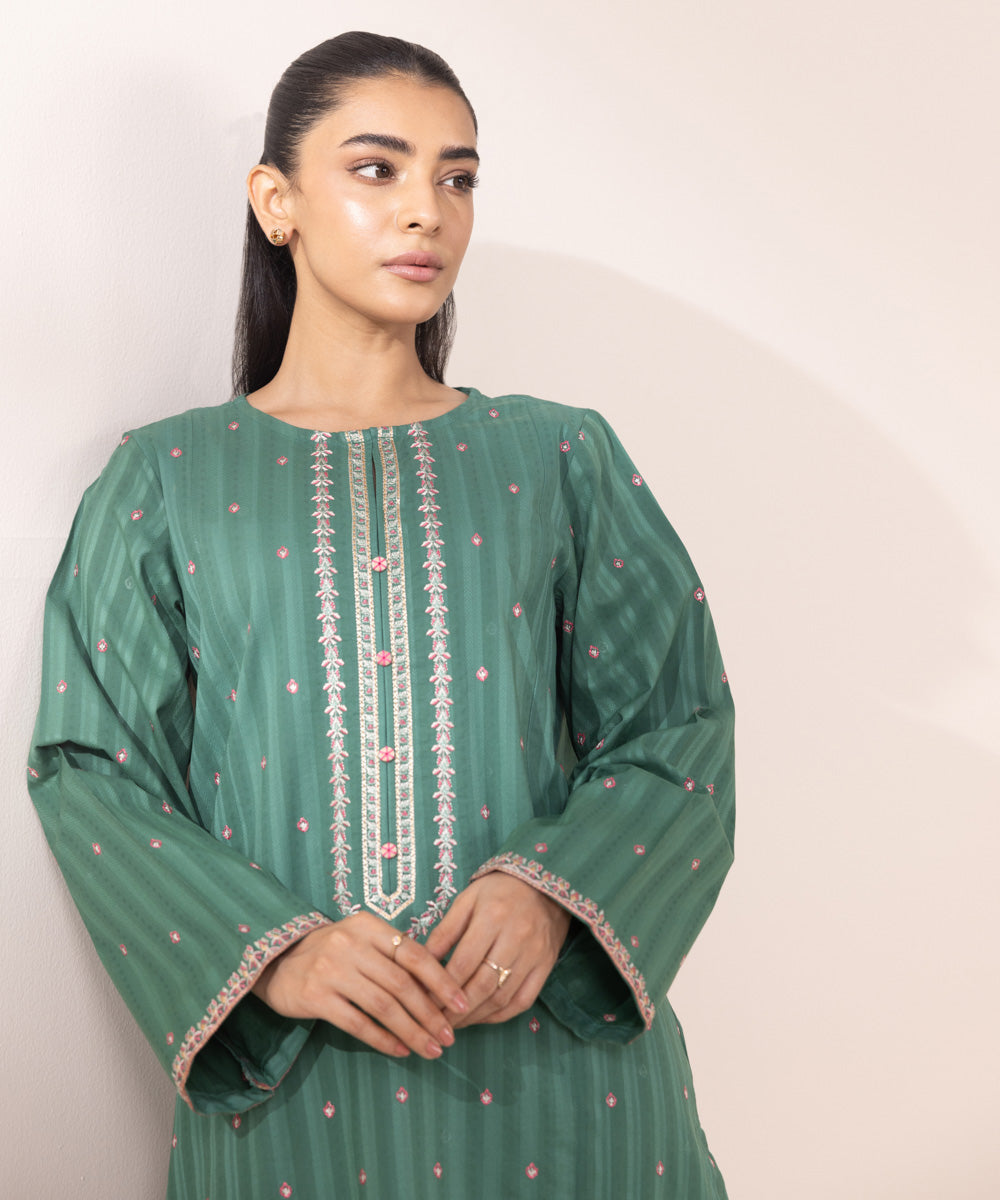 Women's Pret Dobby Green Embroidered A-Line Shirt