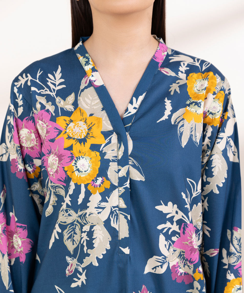 Women's Pret Cotton Viscose Printed  Blue A-Line Shirt