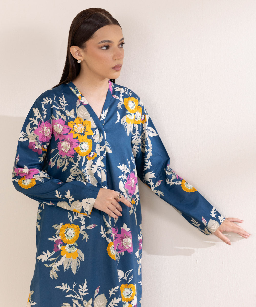 Women's Pret Cotton Viscose Printed  Blue A-Line Shirt