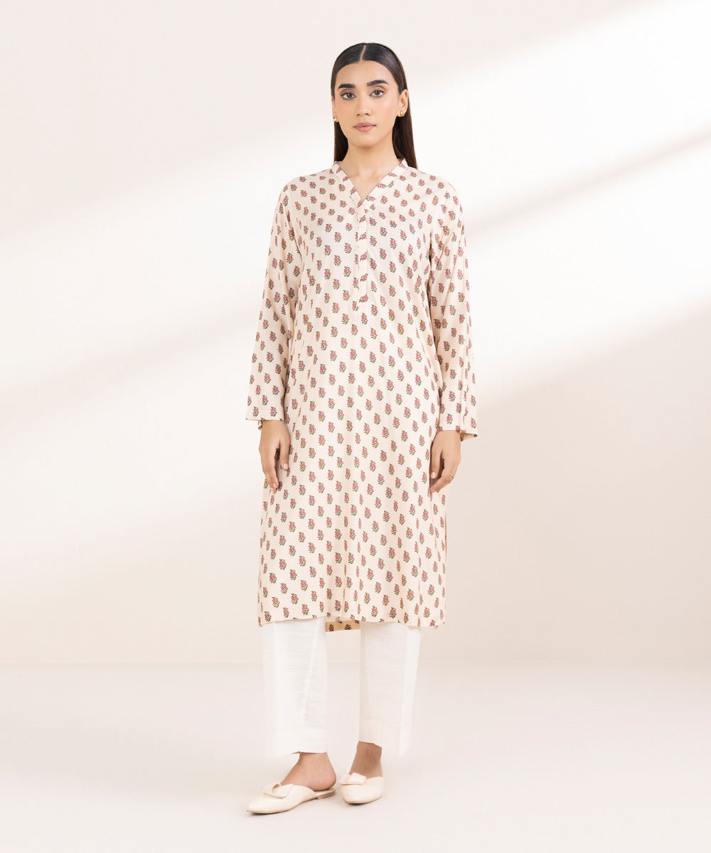 Women's Pret Linen Printed Cream Straight Shirt