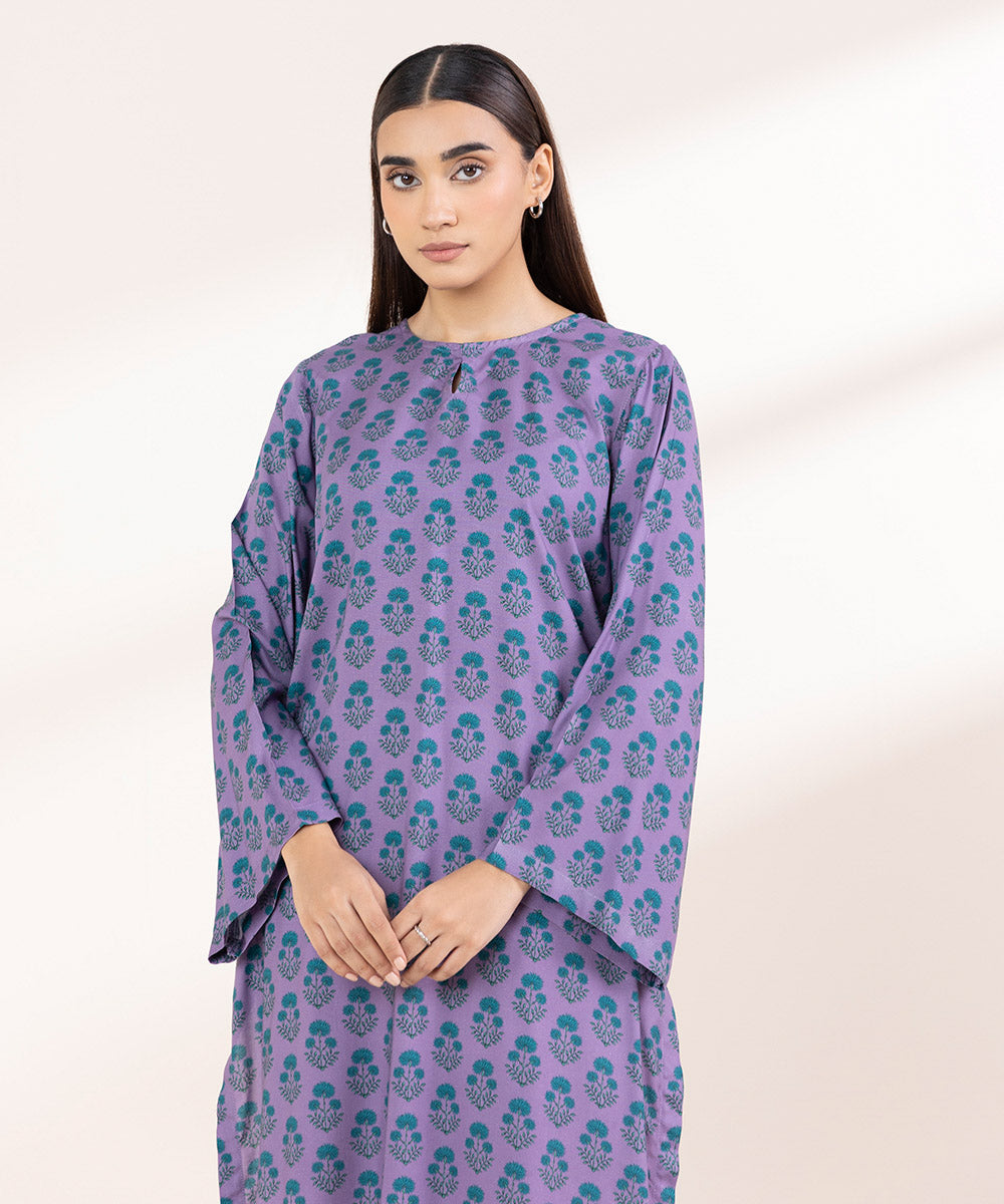 Women's Pret Linen Printed Lavender Straight Shirt