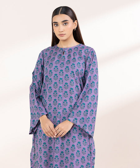 Women's Pret Linen Printed Lavender Straight Shirt