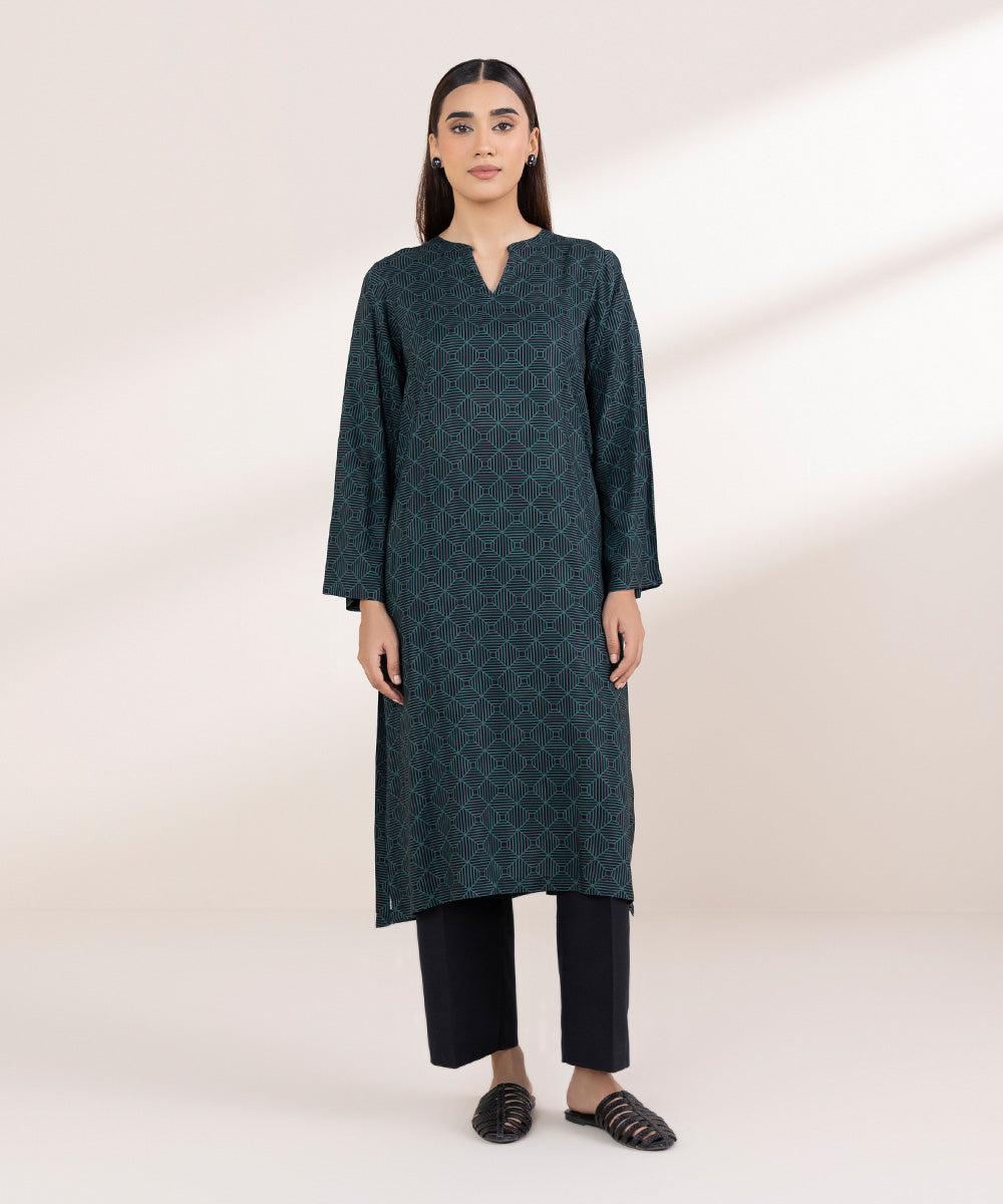 Women's Pret Linen Printed Teal And Black Straight Shirt