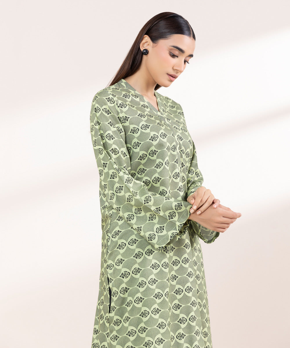 Women's Pret Linen Printed Apple Green A-Line Shirt