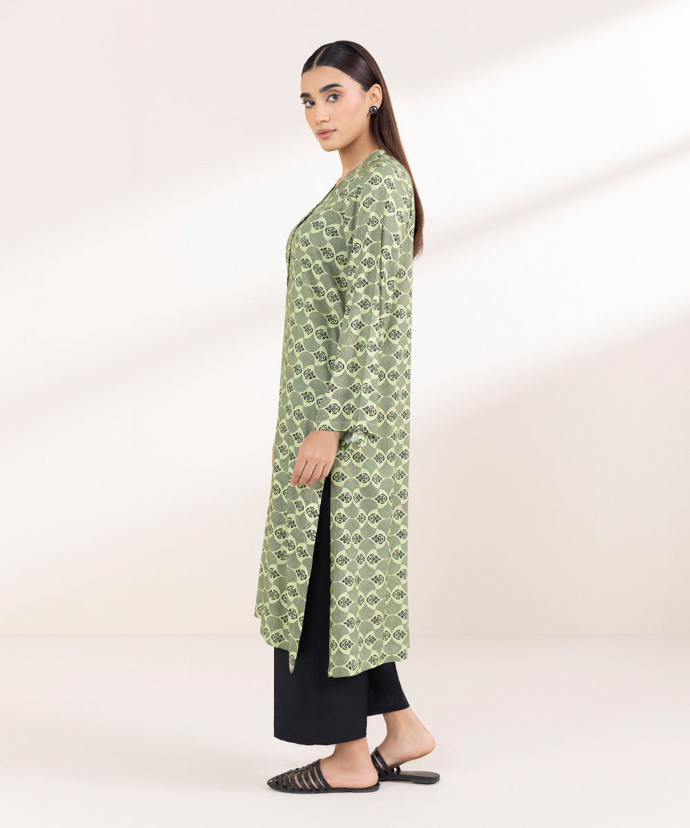 Women's Pret Linen Printed Apple Green A-Line Shirt