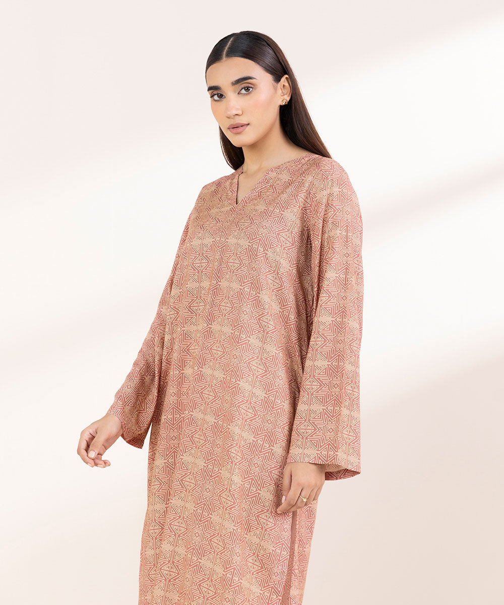 Women's Pret Linen Printed Tea Pink Straight Shirt